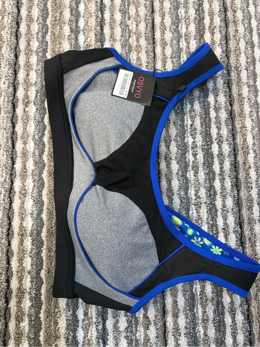 Blue & Black High-Impact Sports Bra with Floral Accent